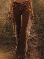 Women's Vintage Western Flared Jeans Fringe Tassel Loose Fit Casual Retro Denim – Brown - Lolly 