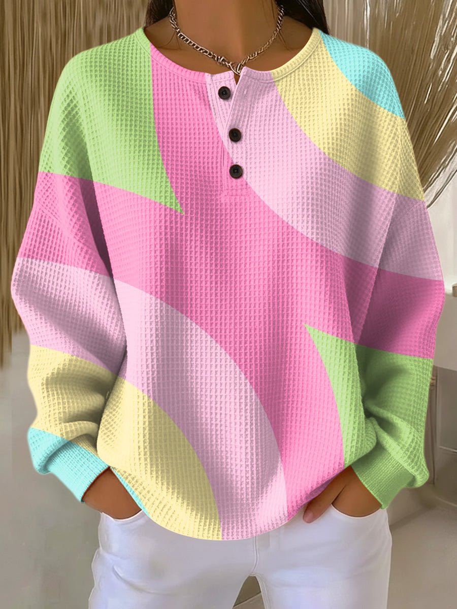 Women's Waffle Knit Oversized Sweater Long Sleeve Henley Button Front Casual - Lolly 
