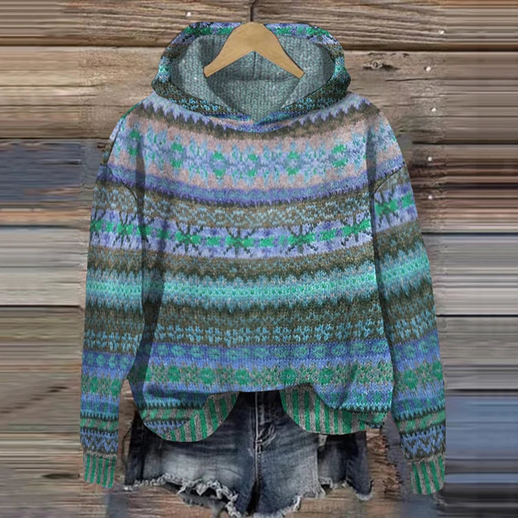 Women's Warm Ethnic Print Hooded Knit Sweater Casual Cozy Everyday Fall Winter Outdoor Boho Streetwear – Mea - Lolly 