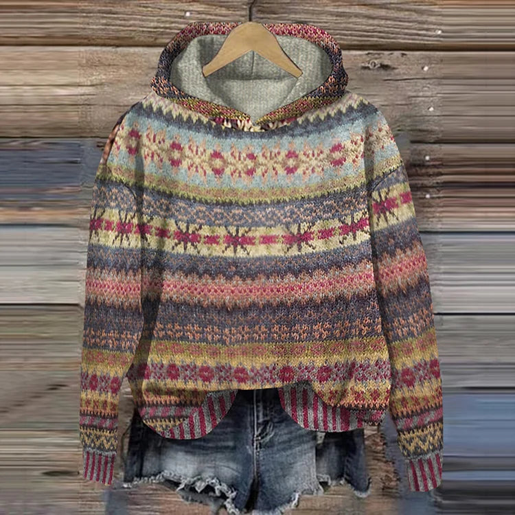 Women's Warm Ethnic Print Hooded Knit Sweater Casual Cozy Everyday Fall Winter Outdoor Boho Streetwear – Mea - Lolly 