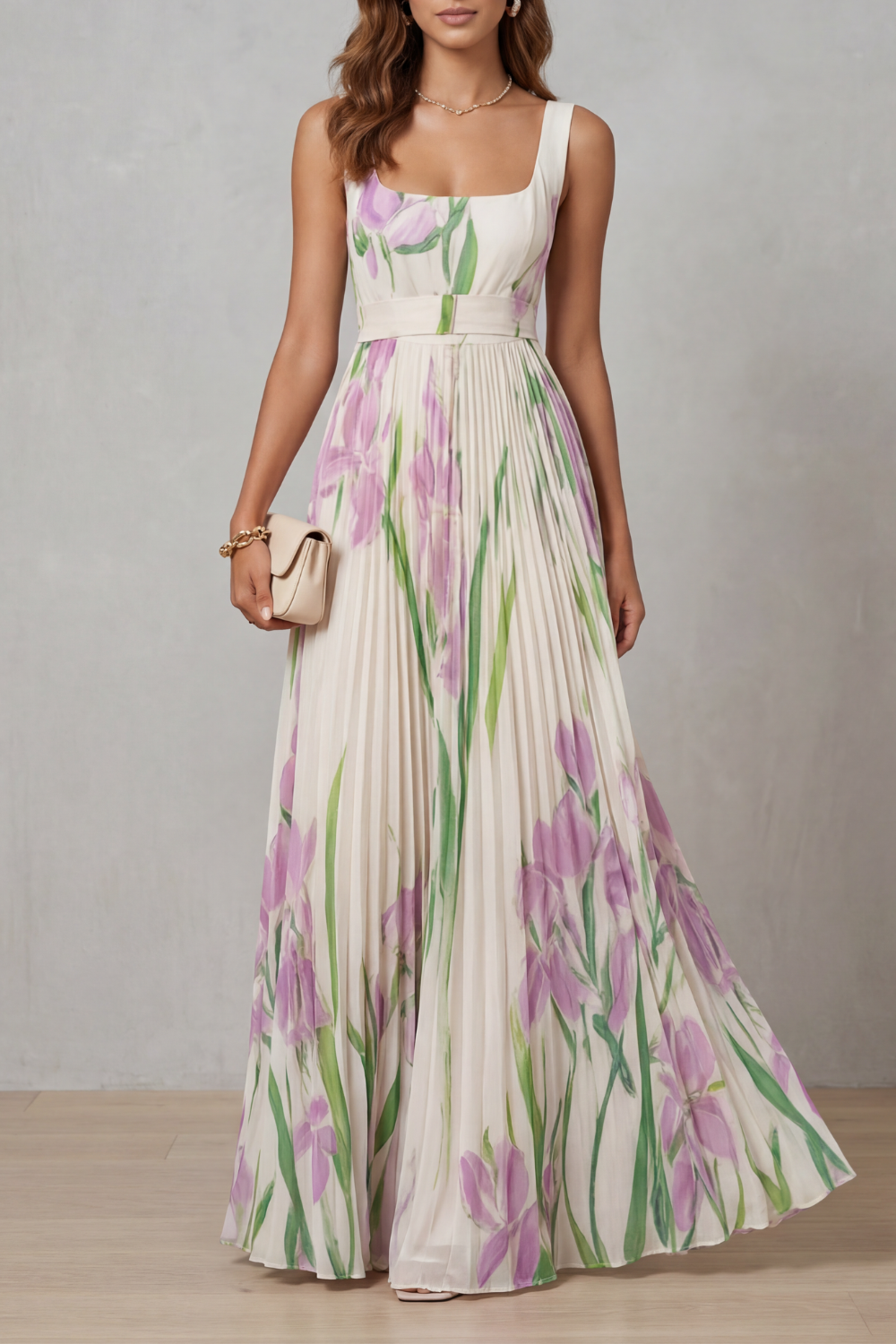 Women's Watercolor Floral Pleated Maxi Dress Square Neckline Wide Waistband Sleeveless Formal Wedding Guest Garden Party Evening Gala – Vivienna - Lolly 