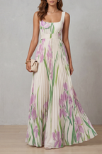 Women's Watercolor Floral Pleated Maxi Dress Square Neckline Wide Waistband Sleeveless Formal Wedding Guest Garden Party Evening Gala – Vivienna - Lolly 
