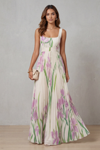 Women's Watercolor Floral Pleated Maxi Dress Square Neckline Wide Waistband Sleeveless Formal Wedding Guest Garden Party Evening Gala – Vivienna - Lolly 