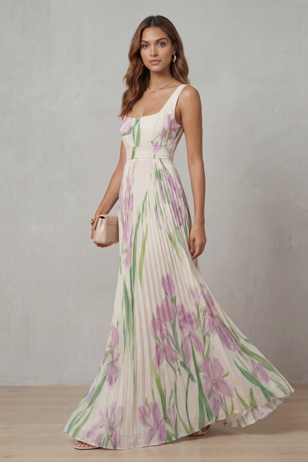 Women's Watercolor Floral Pleated Maxi Dress Square Neckline Wide Waistband Sleeveless Formal Wedding Guest Garden Party Evening Gala – Vivienna - Lolly 