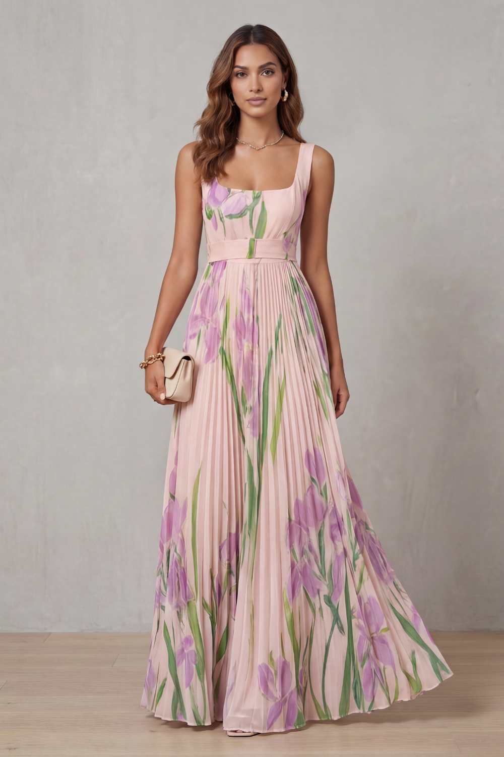 Women's Watercolor Floral Pleated Maxi Dress Square Neckline Wide Waistband Sleeveless Formal Wedding Guest Garden Party Evening Gala – Vivienna - Lolly 