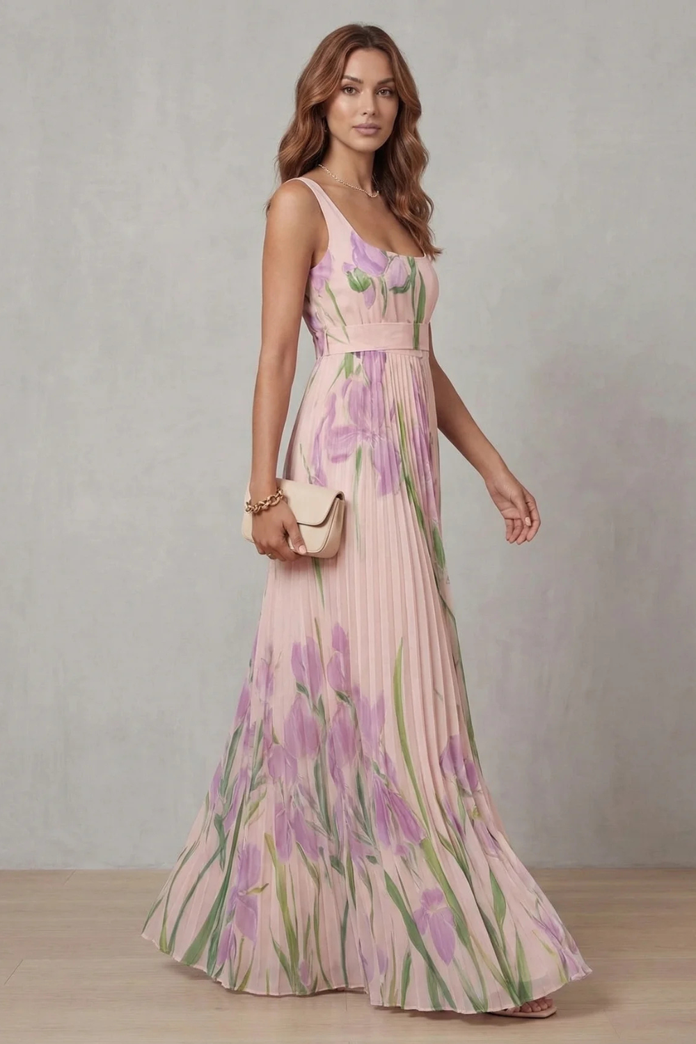 Women's Watercolor Floral Pleated Maxi Dress Square Neckline Wide Waistband Sleeveless Formal Wedding Guest Garden Party Evening Gala – Vivienna - Lolly 