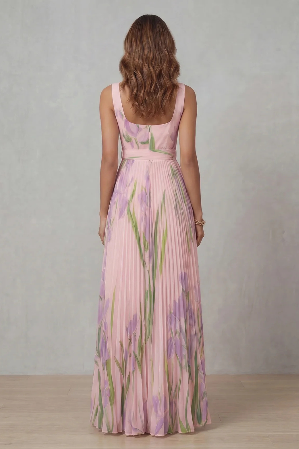 Women's Watercolor Floral Pleated Maxi Dress Square Neckline Wide Waistband Sleeveless Formal Wedding Guest Garden Party Evening Gala – Vivienna - Lolly 