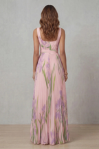 Women's Watercolor Floral Pleated Maxi Dress Square Neckline Wide Waistband Sleeveless Formal Wedding Guest Garden Party Evening Gala – Vivienna - Lolly 