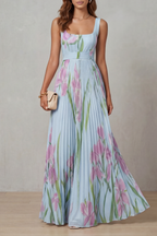 Women's Watercolor Floral Pleated Maxi Dress Square Neckline Wide Waistband Sleeveless Formal Wedding Guest Garden Party Evening Gala – Vivienna - Lolly 