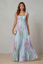 Women's Watercolor Floral Pleated Maxi Dress Square Neckline Wide Waistband Sleeveless Formal Wedding Guest Garden Party Evening Gala – Vivienna - Lolly 