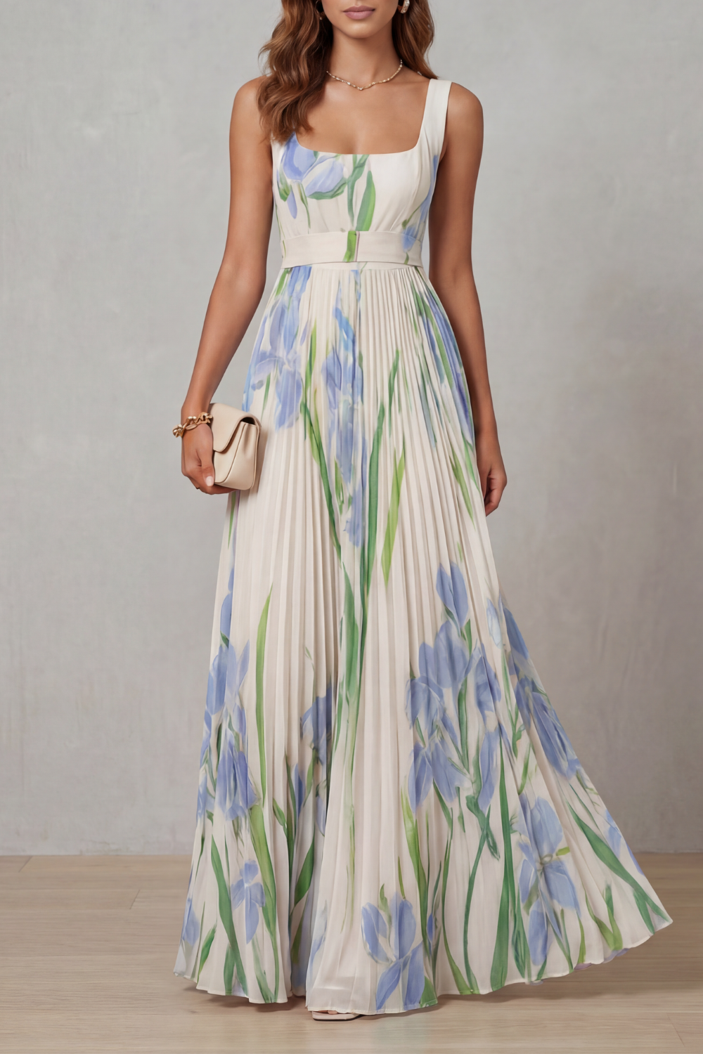 Women's Watercolor Floral Pleated Maxi Dress Square Neckline Wide Waistband Sleeveless Formal Wedding Guest Garden Party Evening Gala – Vivienna - Lolly 
