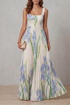 Women's Watercolor Floral Pleated Maxi Dress Square Neckline Wide Waistband Sleeveless Formal Wedding Guest Garden Party Evening Gala – Vivienna - Lolly 
