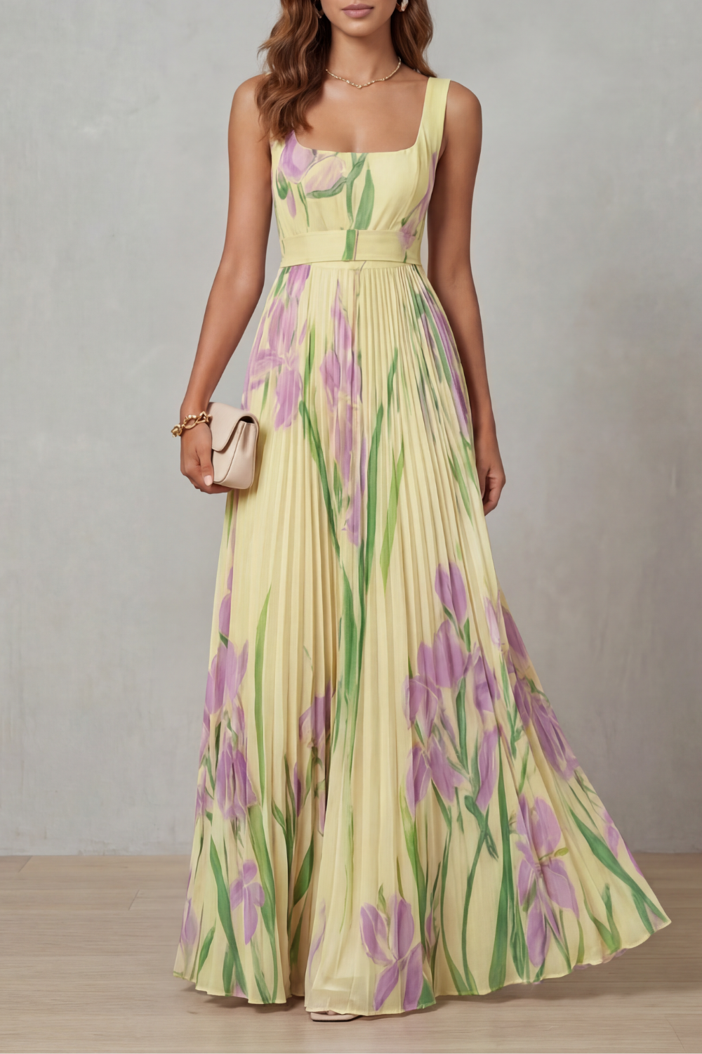 Women's Watercolor Floral Pleated Maxi Dress Square Neckline Wide Waistband Sleeveless Formal Wedding Guest Garden Party Evening Gala – Vivienna - Lolly 