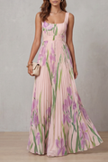 Women's Watercolor Floral Pleated Maxi Dress Square Neckline Wide Waistband Sleeveless Formal Wedding Guest Garden Party Evening Gala – Vivienna - Lolly 