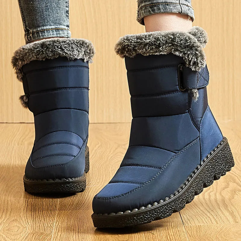 Women's Waterproof Snow Boots Mid-Calf Fur Lined Winter Boots Slip-On Warm - Lolly 