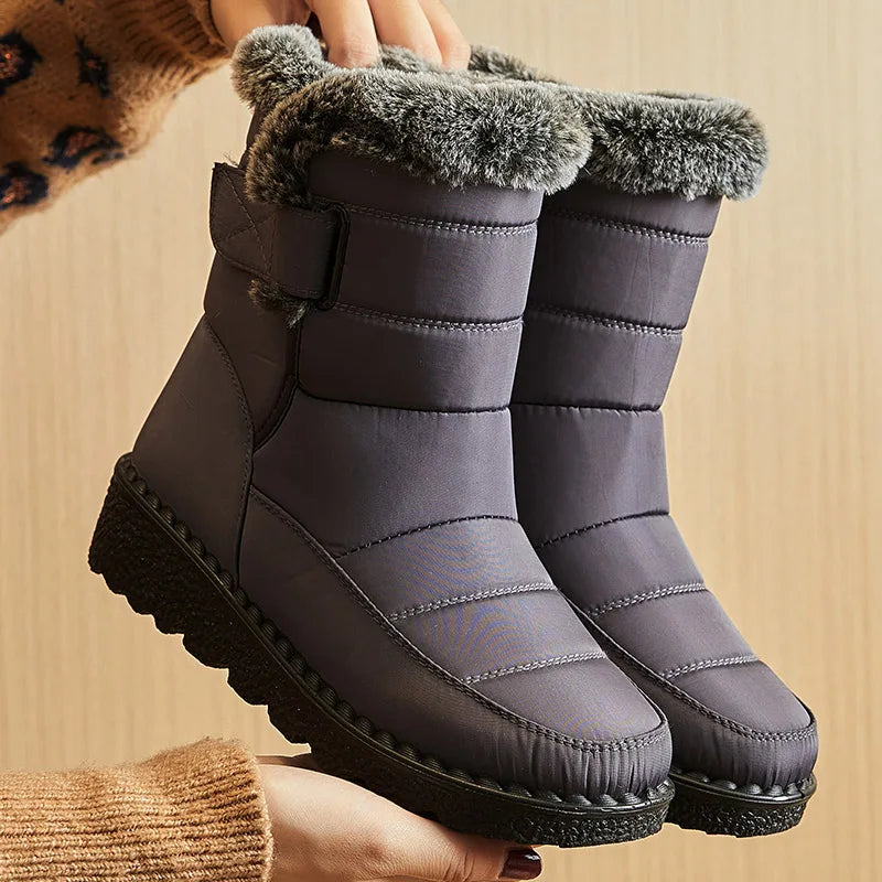Women's Waterproof Snow Boots Mid-Calf Fur Lined Winter Boots Slip-On Warm - Lolly 