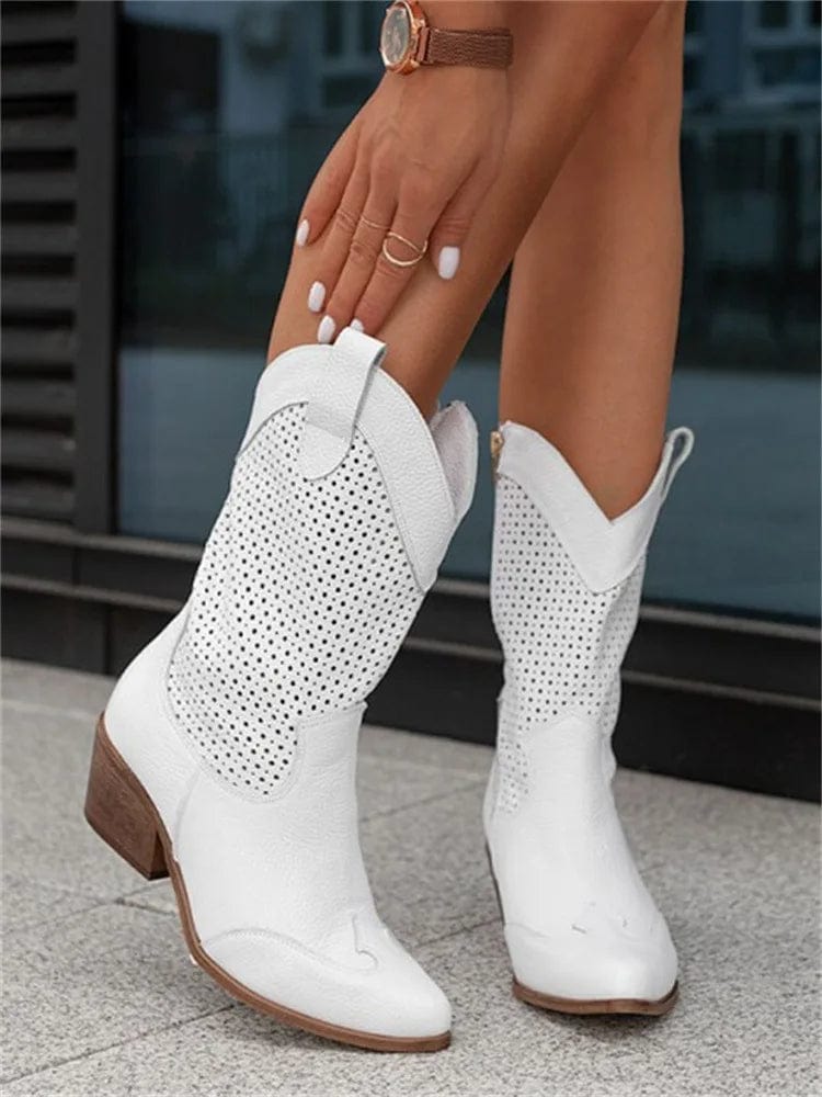 Women's Western Cowboy Boots Mid-Calf Perforated Block Heel Side Zip - Lolly 