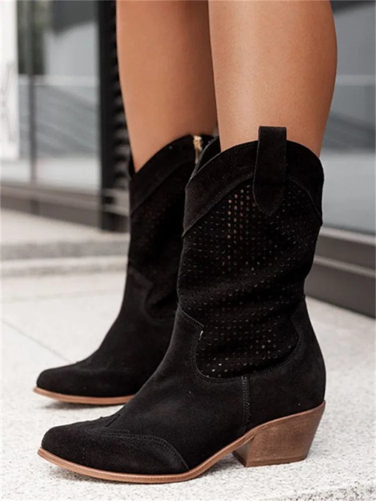Women's Western Cowboy Boots Mid-Calf Perforated Block Heel Side Zip - Lolly 
