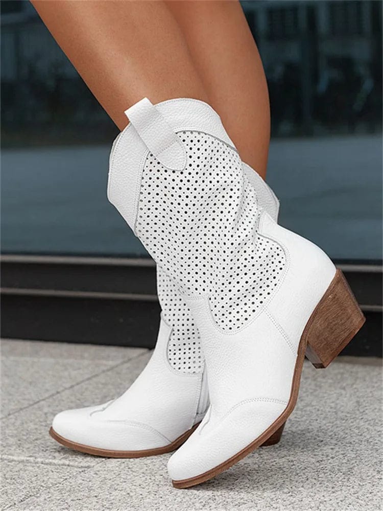 Women's Western Cowboy Boots Mid-Calf Perforated Block Heel Side Zip - Lolly 