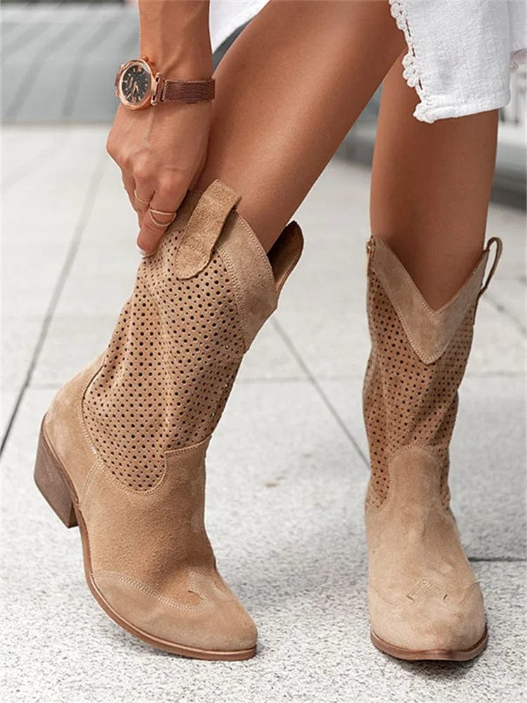 Women's Western Cowboy Boots Mid-Calf Perforated Block Heel Side Zip - Lolly 