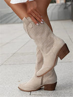 Women's Western Cowboy Boots Mid-Calf Perforated Block Heel Side Zip - Lolly 