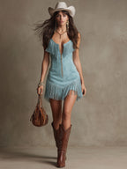 Women's Western Retro Faux Suede Tassel Mini Dress Sleeveless Zipper Cowgirl Party Summer Dress – Light Blue - Lolly 