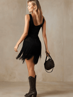 Women's Western Retro Fringe Tassel Faux Suede Mini Dress Sleeveless V-Neck Cowgirl Party Night Out Festival – Black - Lolly 