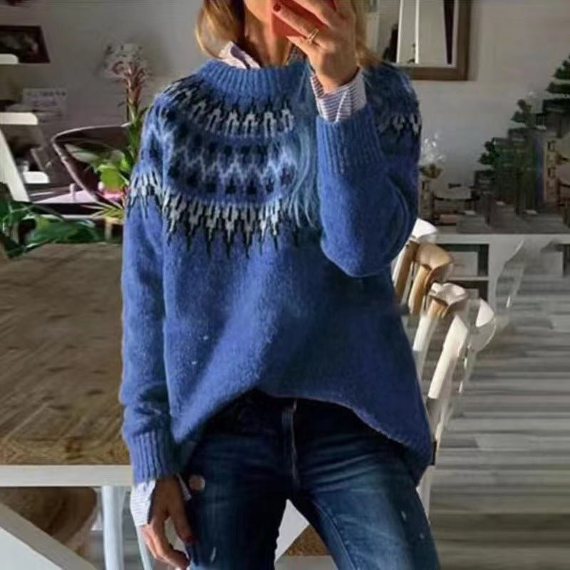 Women's Winter Coat Nordic Pattern Sweater Relaxed Fit Cozy Knit Fairisle Casual Pullover – Dana - Lolly 