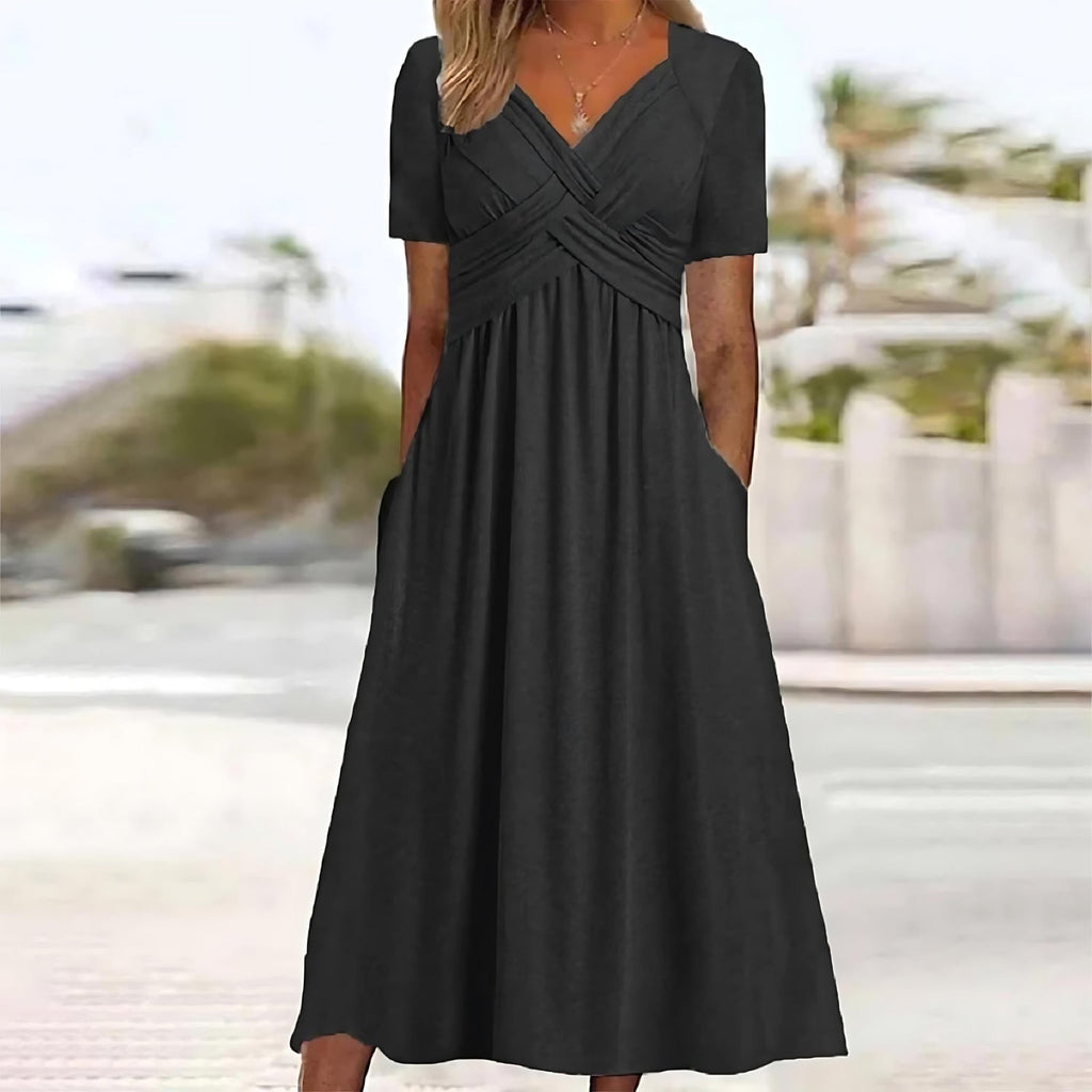 Women's Wrap-Front Midi Dress V-Neck Short Sleeve A-Line Tummy Coverage Side Pockets Casual Summer Everyday Brunch Garden – Carmen - Lolly 