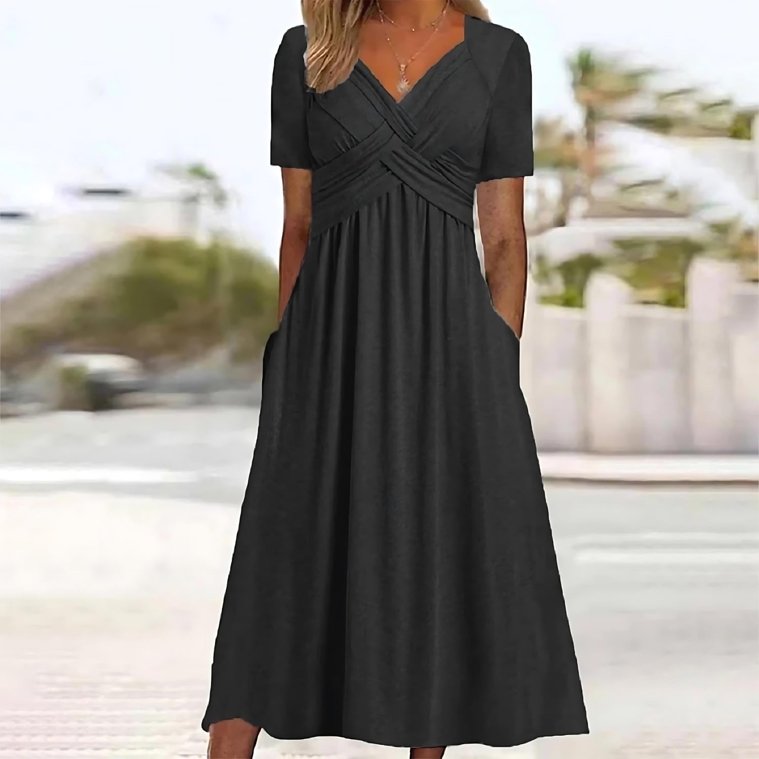 Women's Wrap-Front Midi Dress V-Neck Short Sleeve A-Line Tummy Coverage Side Pockets Casual Summer Everyday Brunch Garden – Carmen - Lolly 