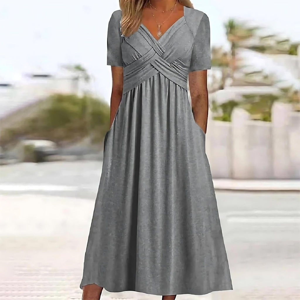 Women's Wrap-Front Midi Dress V-Neck Short Sleeve A-Line Tummy Coverage Side Pockets Casual Summer Everyday Brunch Garden – Carmen - Lolly 