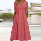 Women's Wrap-Front Midi Dress V-Neck Short Sleeve A-Line Tummy Coverage Side Pockets Casual Summer Everyday Brunch Garden – Carmen - Lolly 