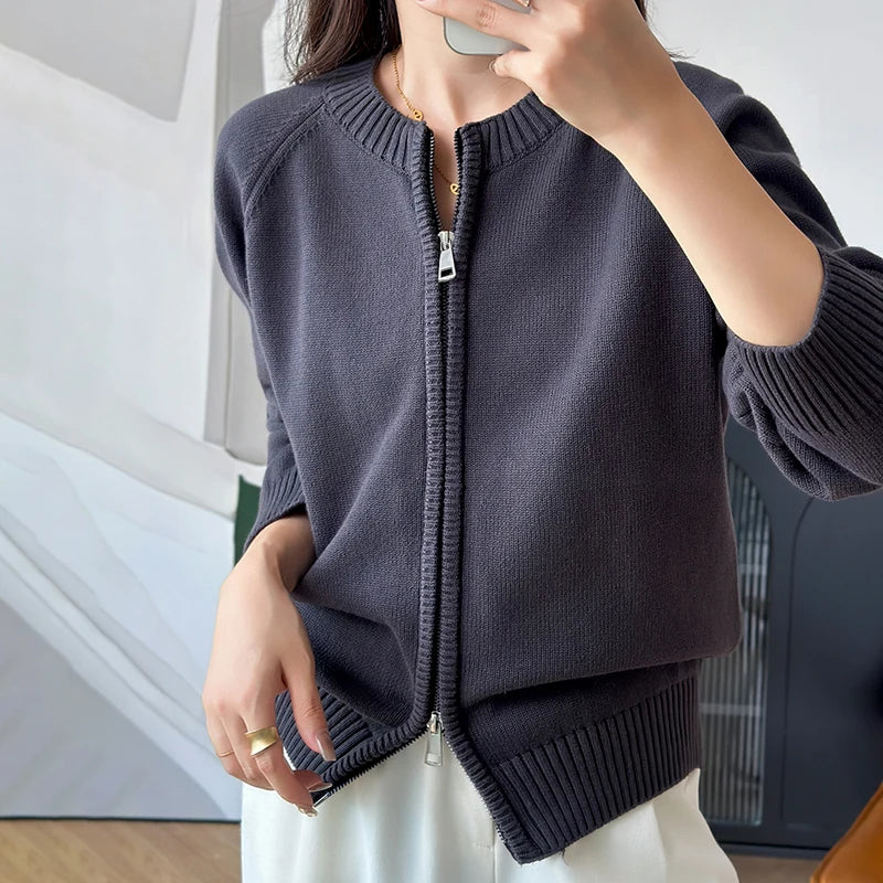 Women's Zip-Up Knit Cardigan Long Sleeve Casual Sweater Jacket Spring Fall - Lolly 