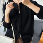 Women's Zip-Up Knit Cardigan Long Sleeve Casual Sweater Jacket Spring Fall - Lolly 