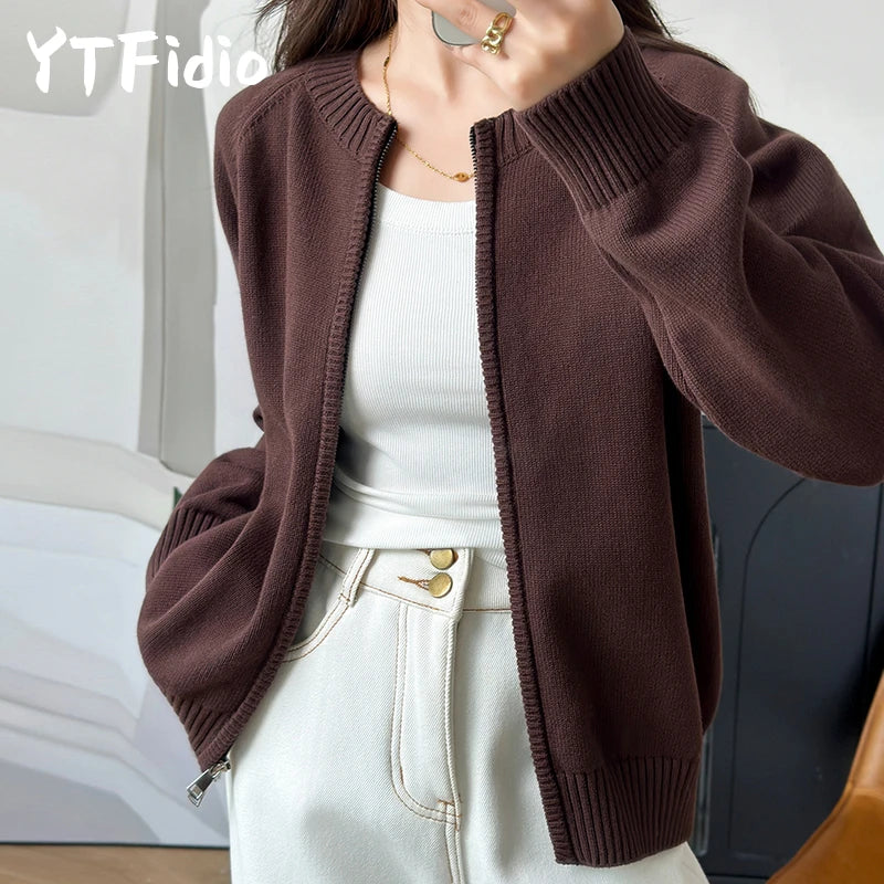 Women's Zip-Up Knit Cardigan Long Sleeve Casual Sweater Jacket Spring Fall - Lolly 