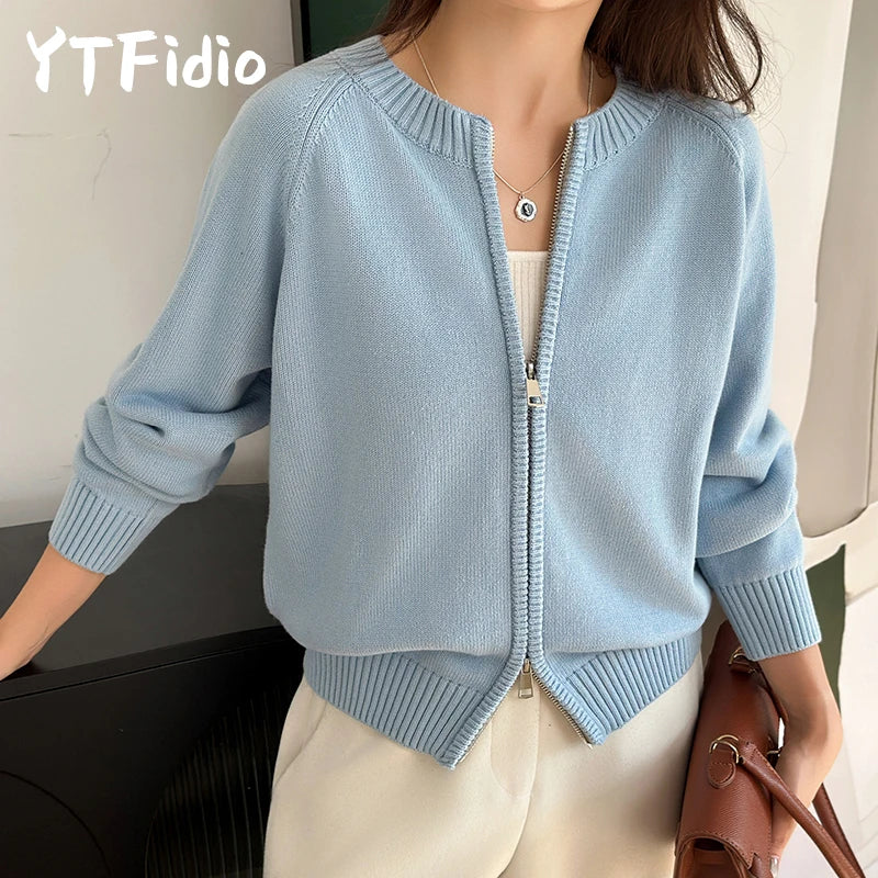 Women's Zip-Up Knit Cardigan Long Sleeve Casual Sweater Jacket Spring Fall - Lolly 